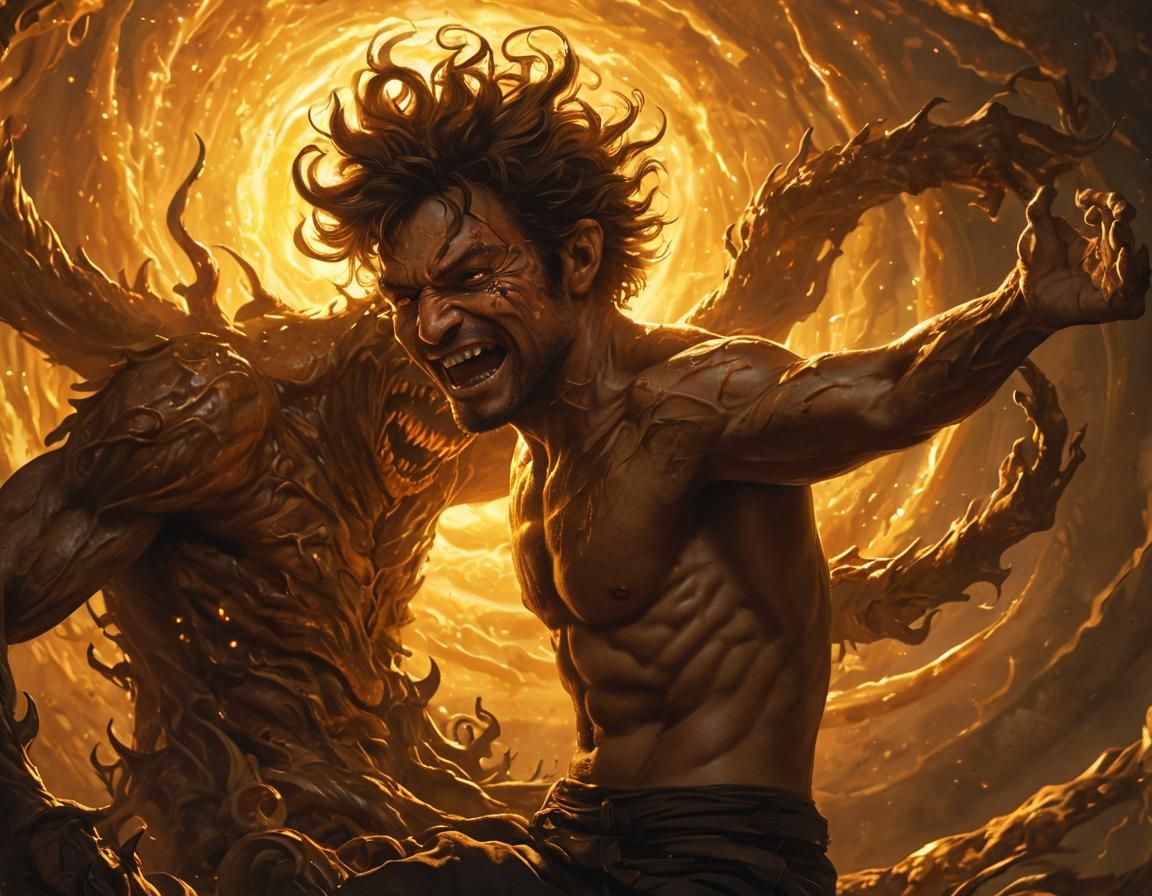 Triumphant Man Battles Demons in Heaven