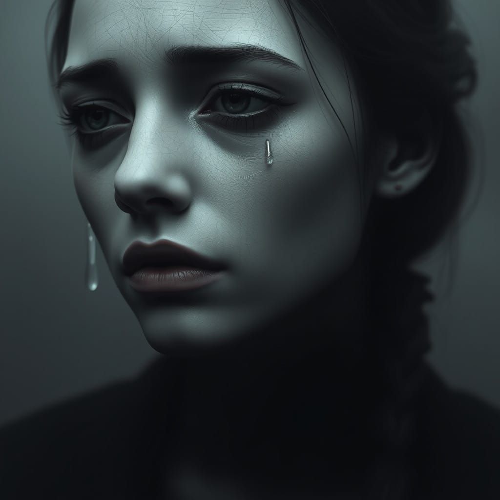 Ethereal Monochromatic Portrait of a Grieving Woman