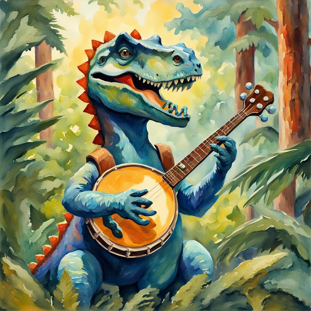 Dinosaur Plays Banjo in Gouache Impressionist Style