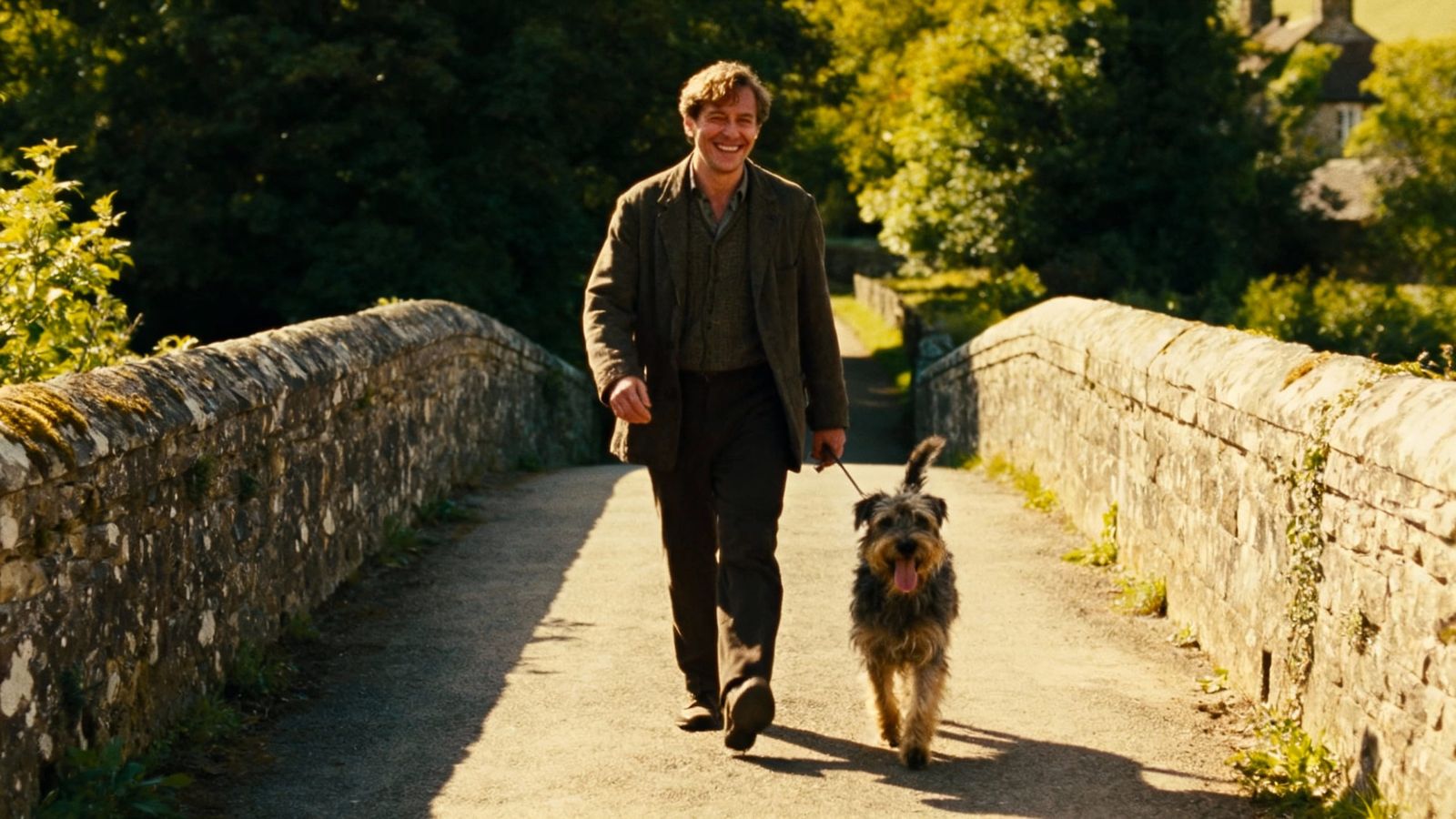 British Man and Dog on Sunny Bridge - Cinematic Film Still