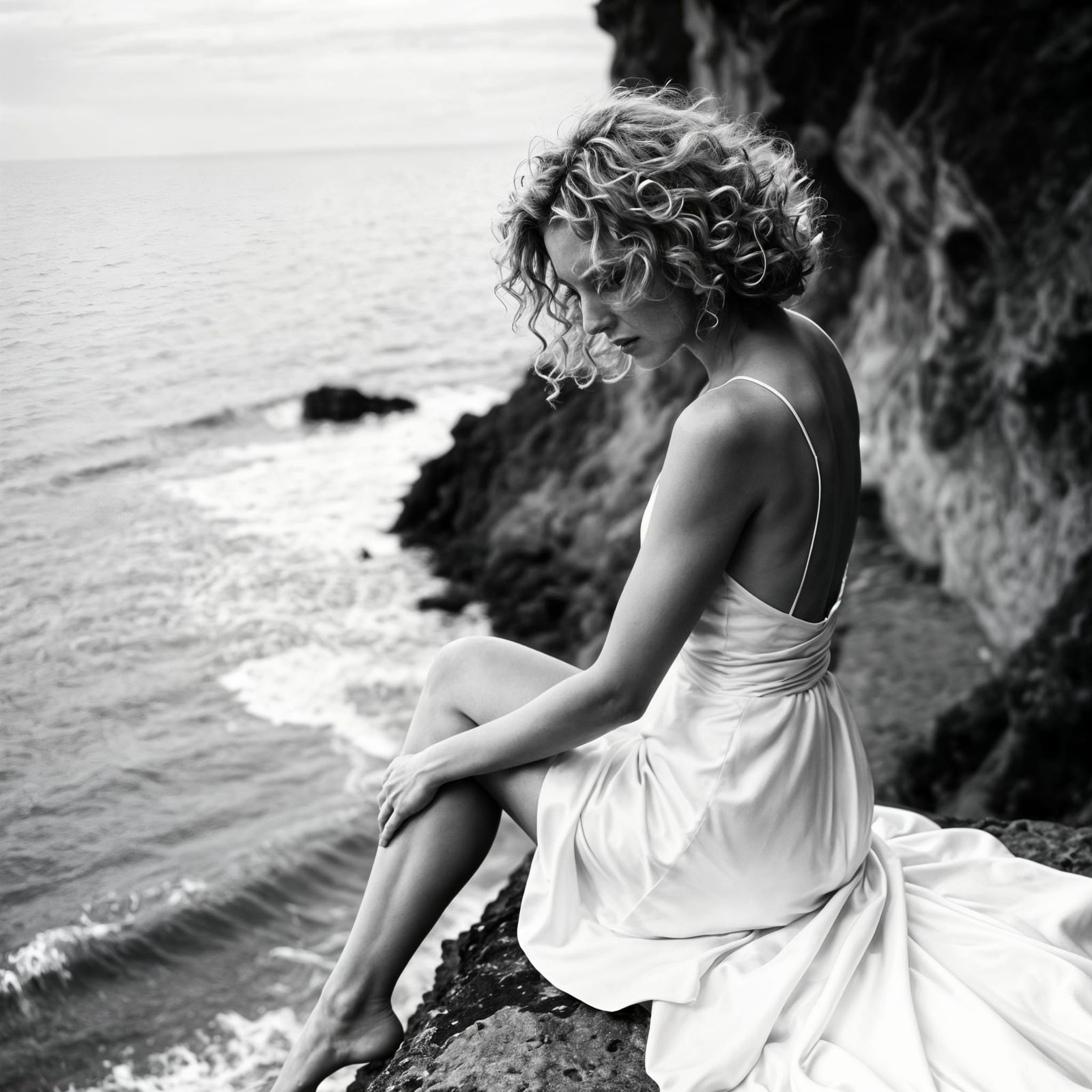 Woman in Silk Dress on Cliff, Black and White
