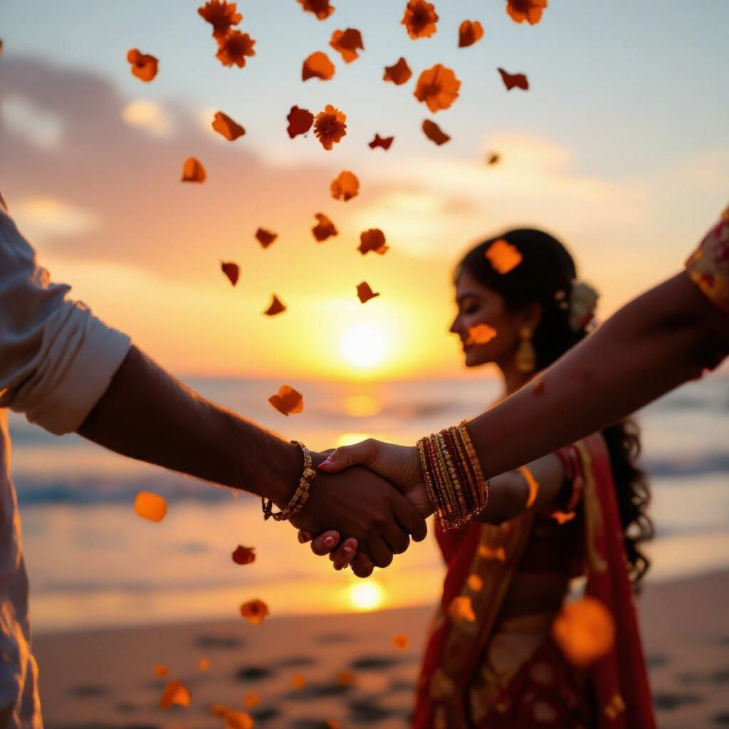 Indian Couple Romantic Sunset Beach Scene with Marigold Peta...