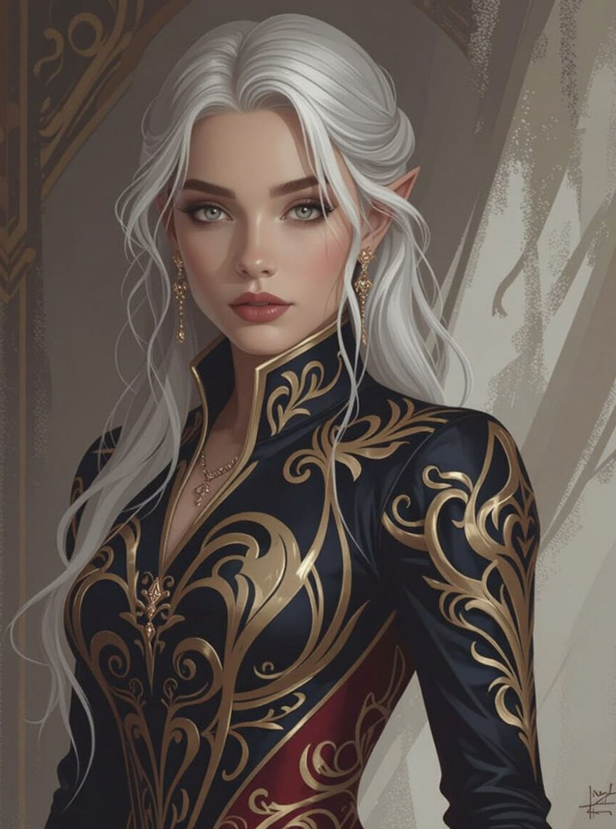 Actress in Red and Gold Gown, Futuristic Art Style