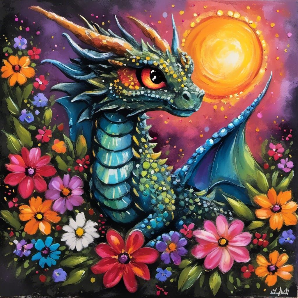 Chalk Art Dragon with Luminescent Gems
