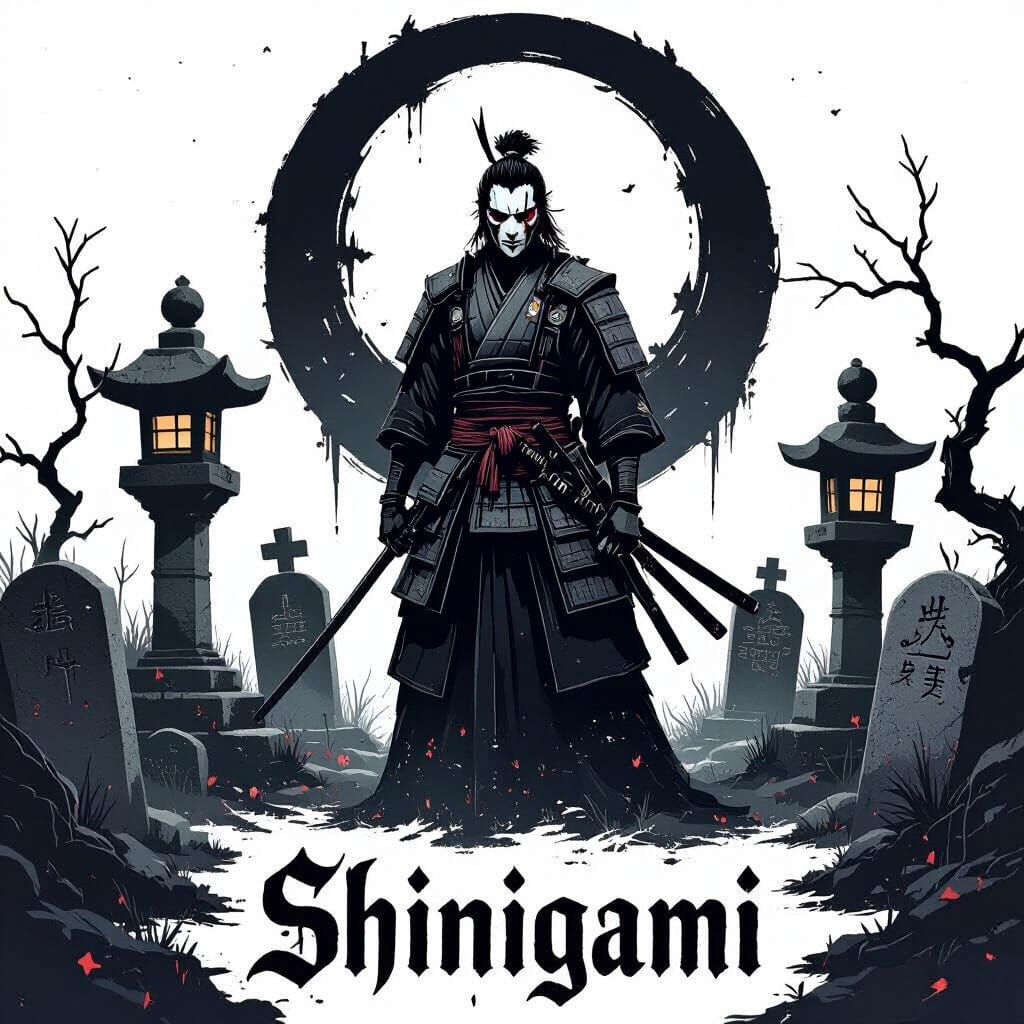 Samurai in Death Mask Amidst Graves in Gothic Style