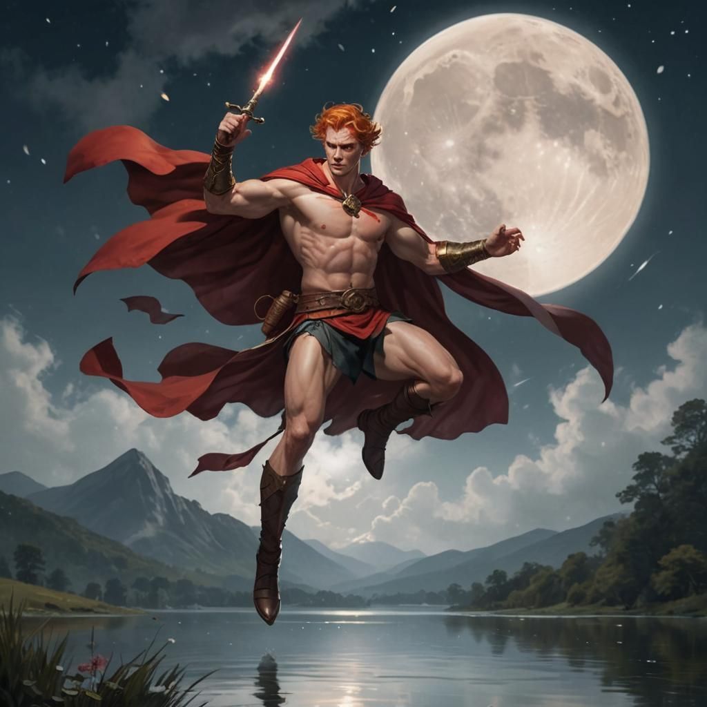 Battle Mage Soaring Over Lake at Night