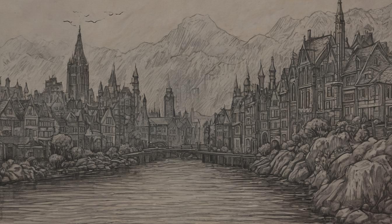 High Fantasy River Cityscape in Dark Fantasy Style