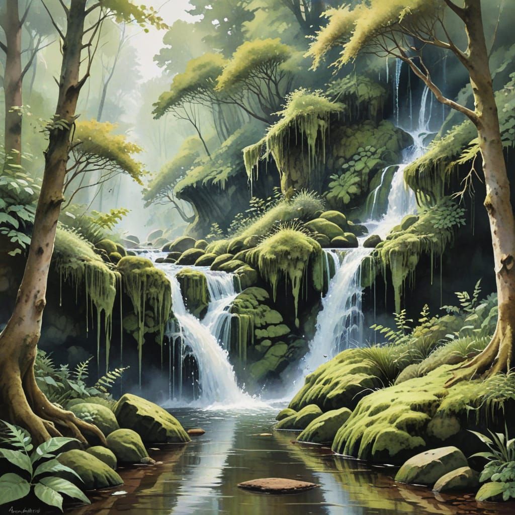 Watercolor Woodland Waterfalls