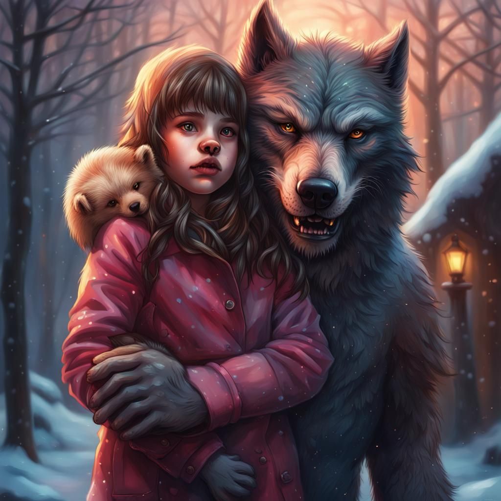 Werewolf Protects Girl with Teddy Bear in Winter