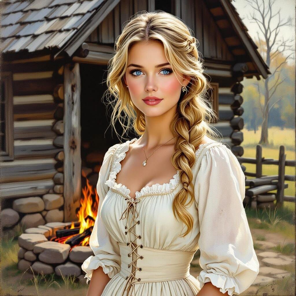 Colonial Woman by Fire in American Regionalism Style