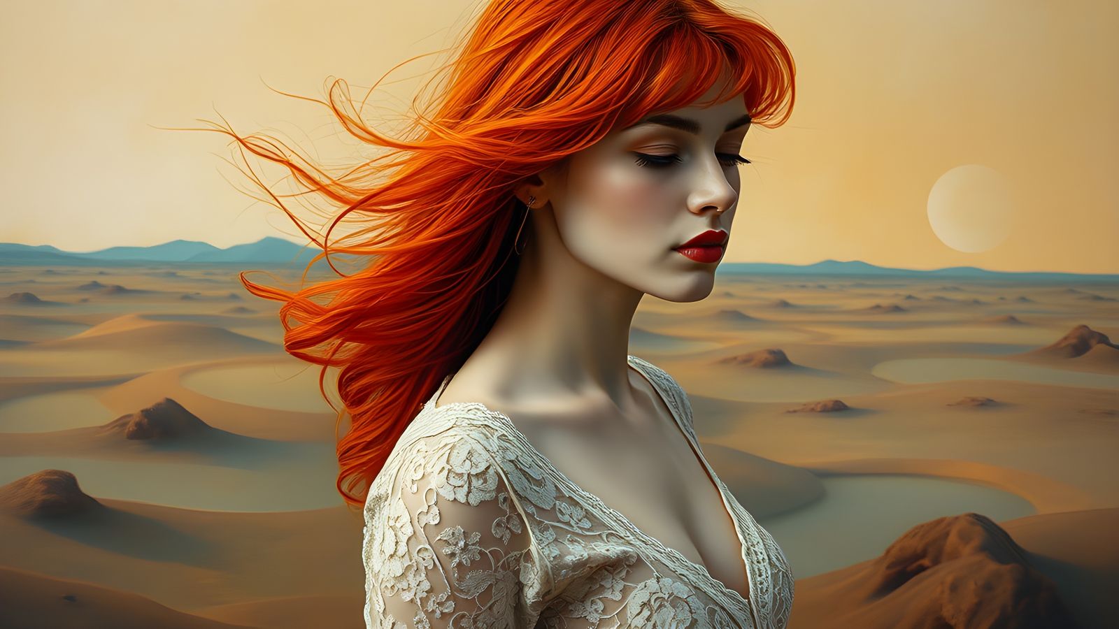 Surreal Fabric Collage of a Red-Haired Woman