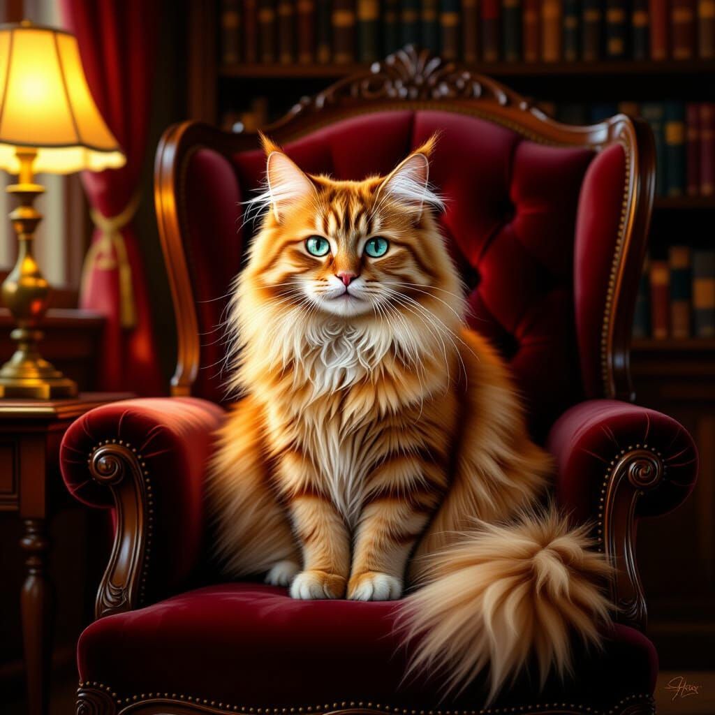 Fluffy Ginger Cat with Blue Eyes on Armchair