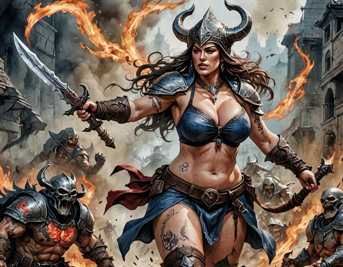 Sorceress Demon Battle in Watercolor Style