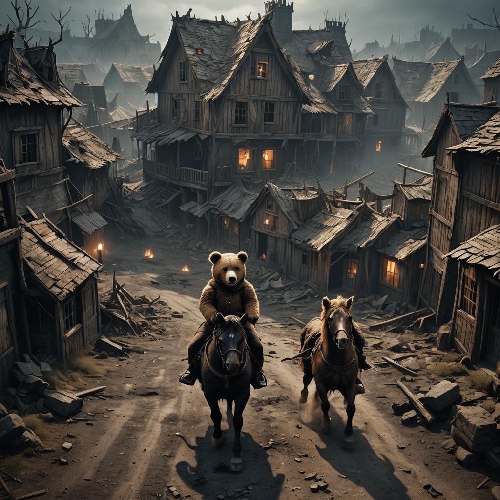 Teddy Bear Rides a Nightmarish Horse in Apocalyptic Chaos