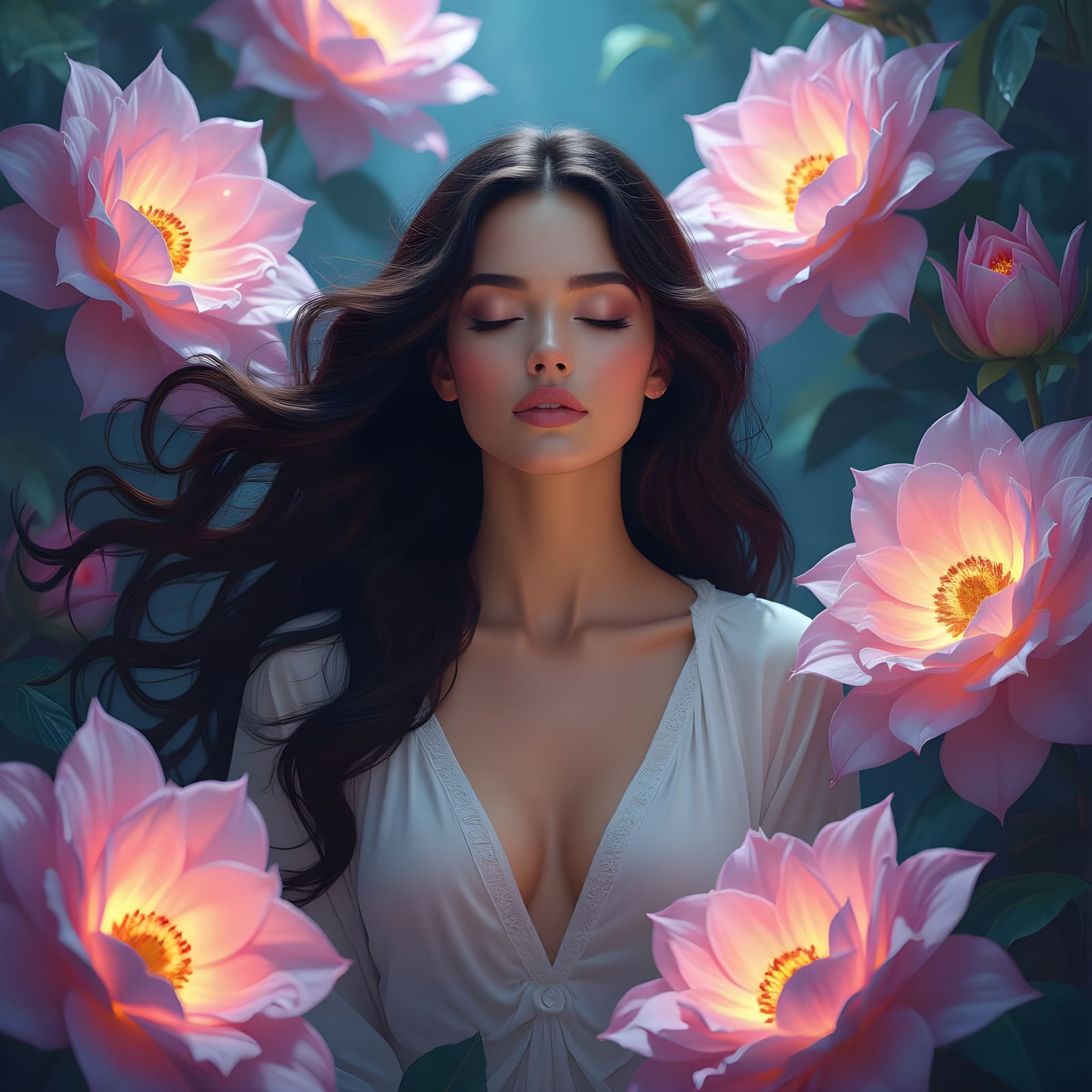 Dark Fantasy Woman Amidst Glowing Hyperrealistic Flowers
