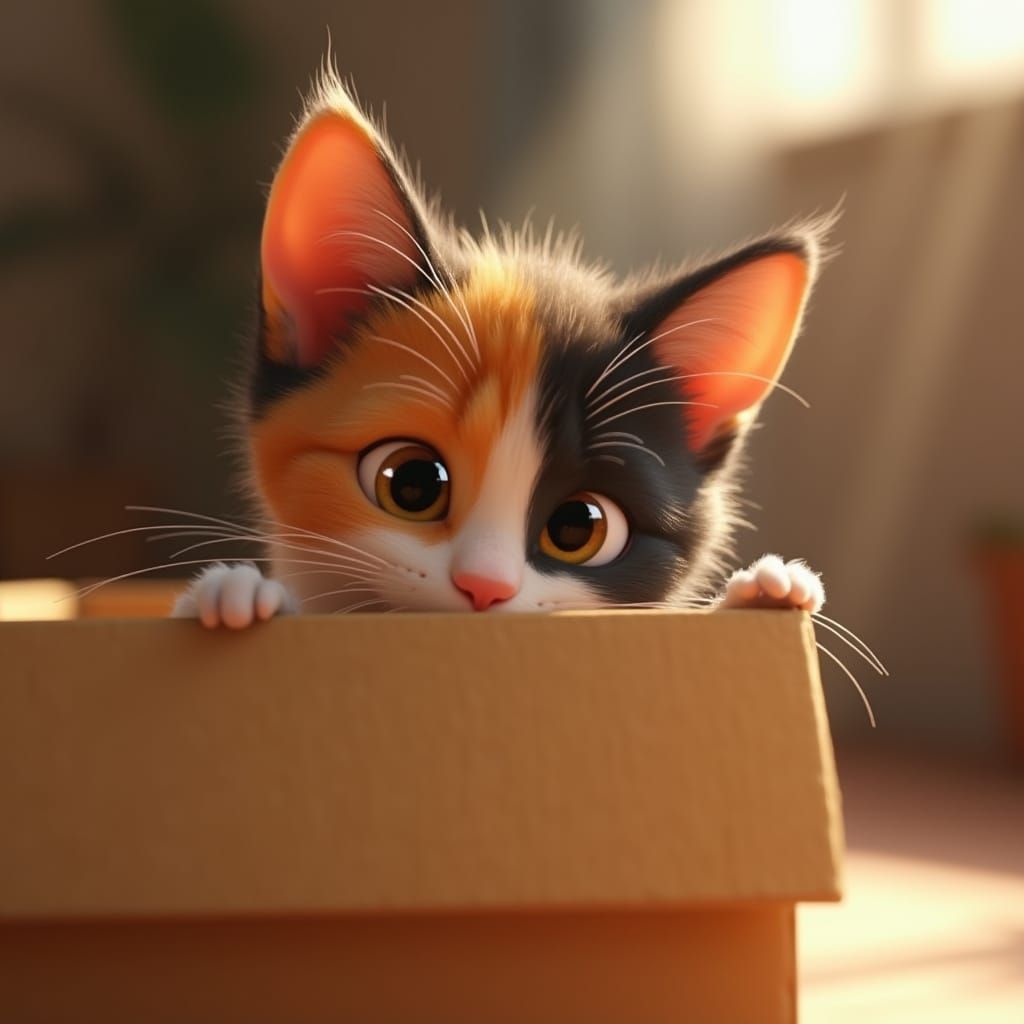 Adorable Calico Kitten Peeking From Cardboard Box in Pixar S...