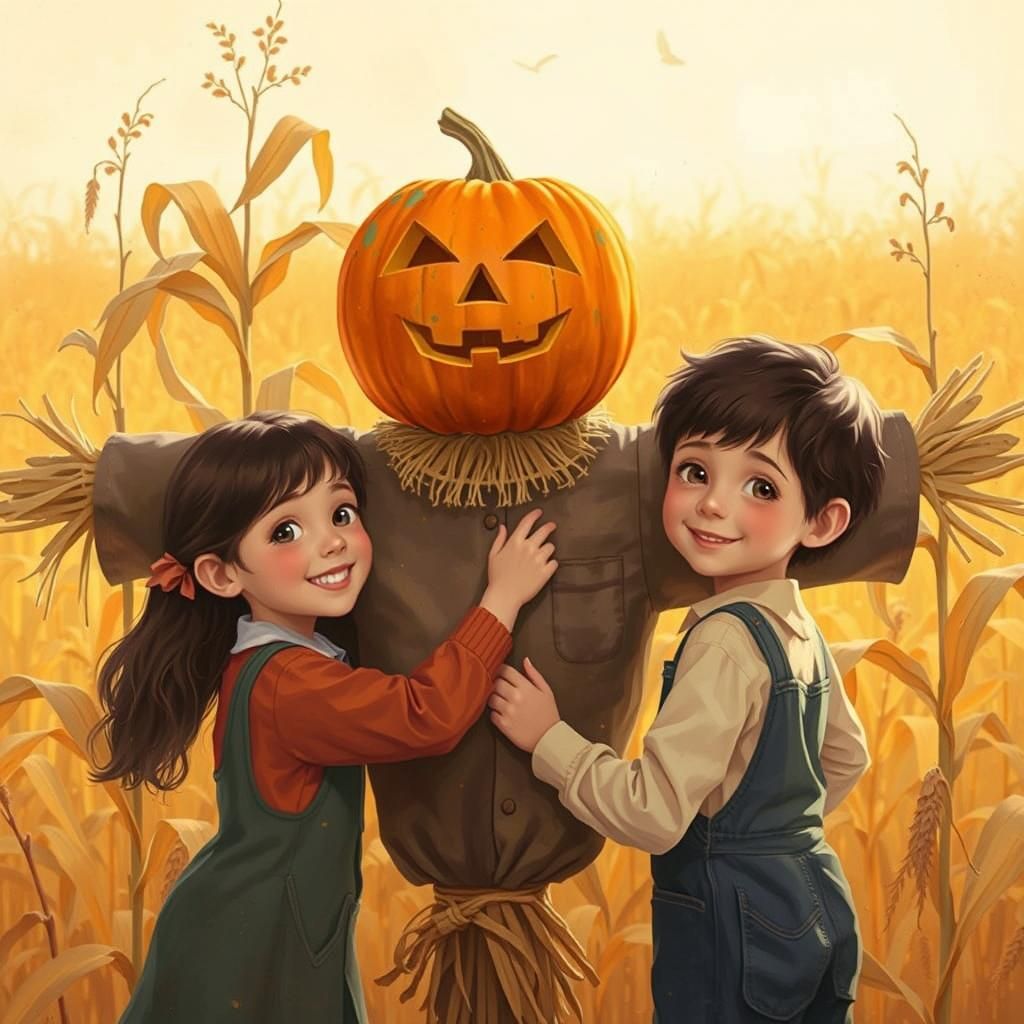 Children Decorating Scarecrow with Pumpkin Head