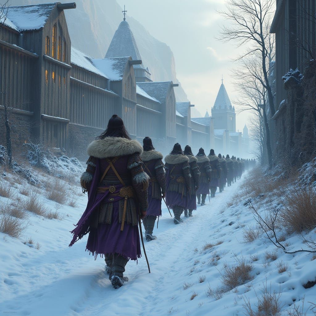 Barbarian Women March Towards a Fortified Village in the Sno...