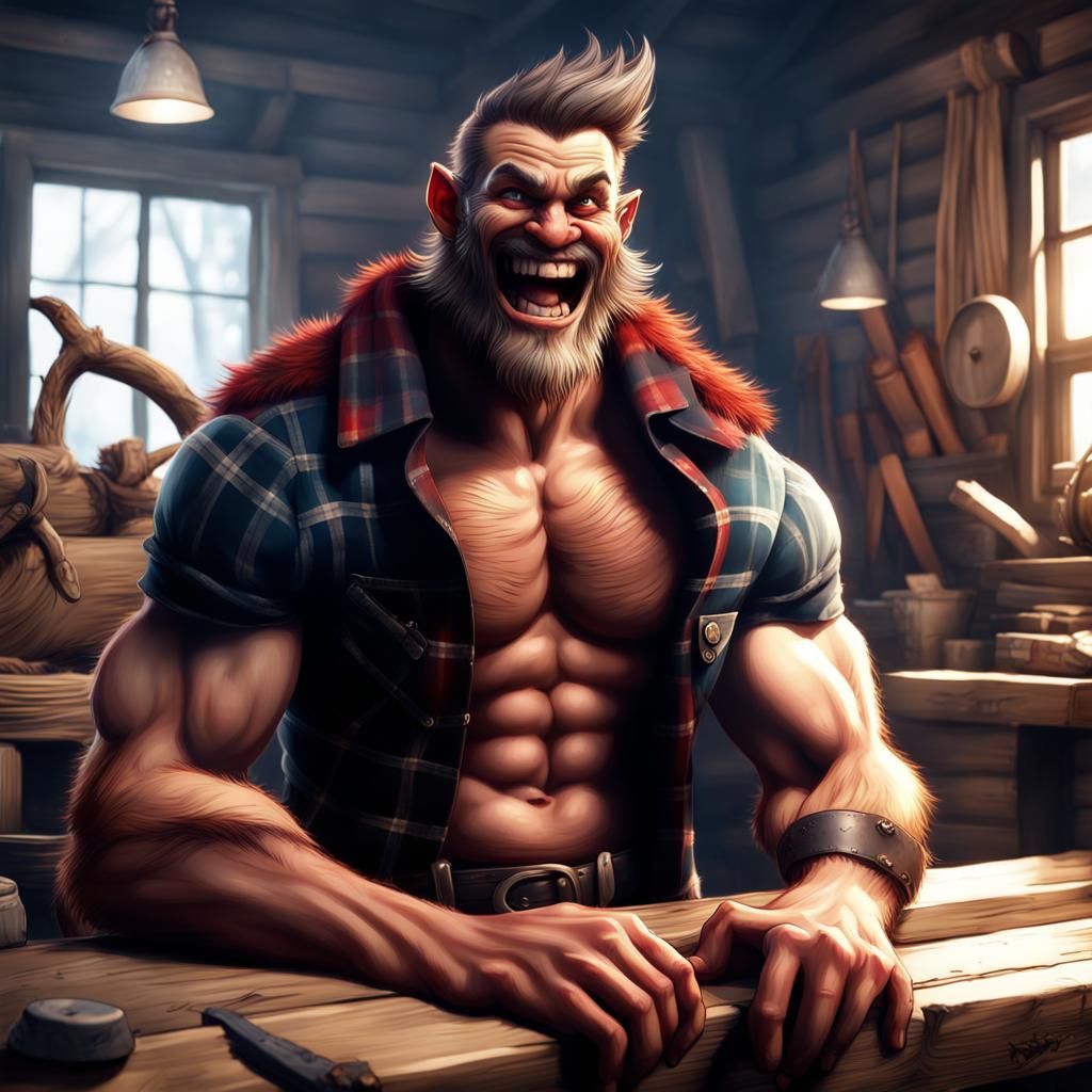 Lumberjack's Werewolf Transformation in Detailed Digital Art