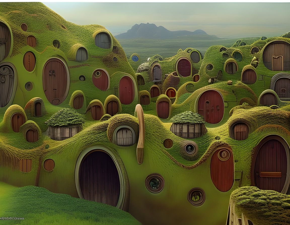 Lush Hobbit Village in Dark Fantasy Style