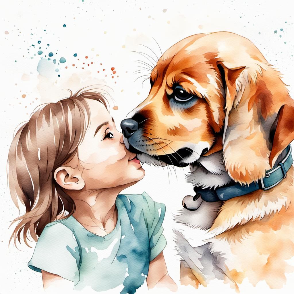 Joyful Girl and Puppy in Watercolor Sketch