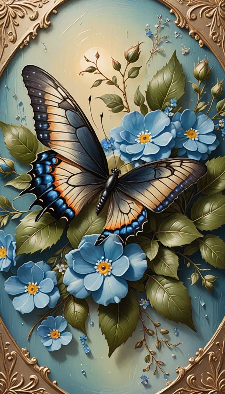 Vintage Floral Box with Butterfly in Oil Painting Style