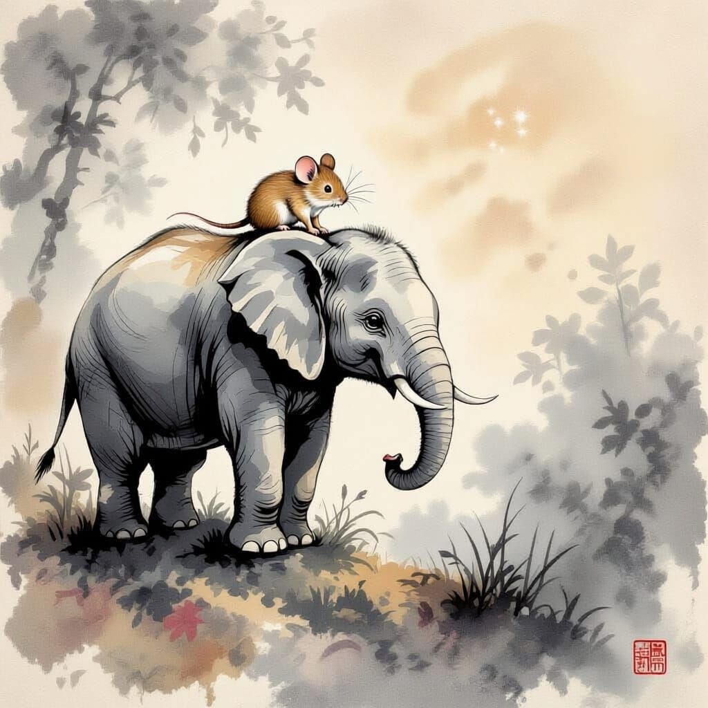 Mouse and Elephant Friendship in Chinese Ink Style