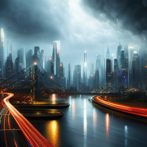 Dramatic Stormy Cityscape: A Photorealistic Digital Painting