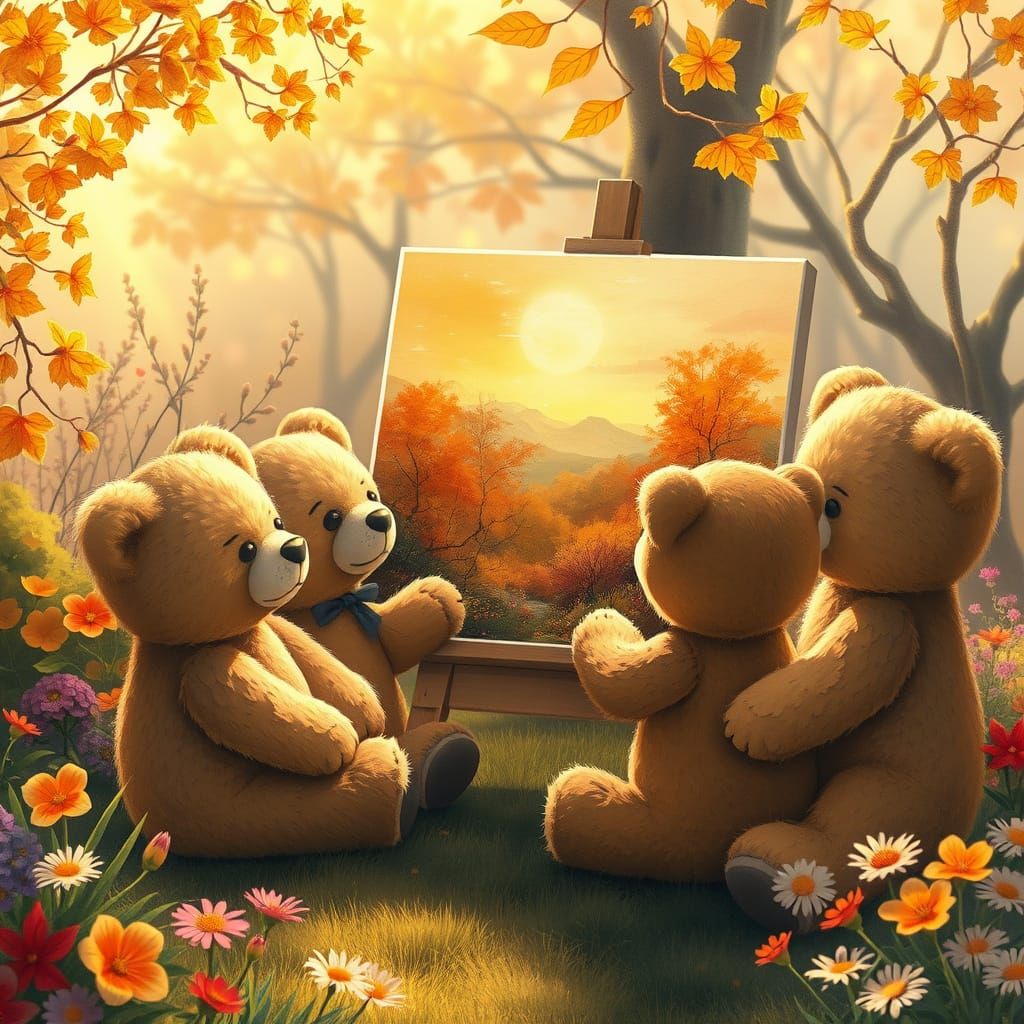 Whimsical Bears Paint Autumn Masterpiece in Vibrant Spring G...