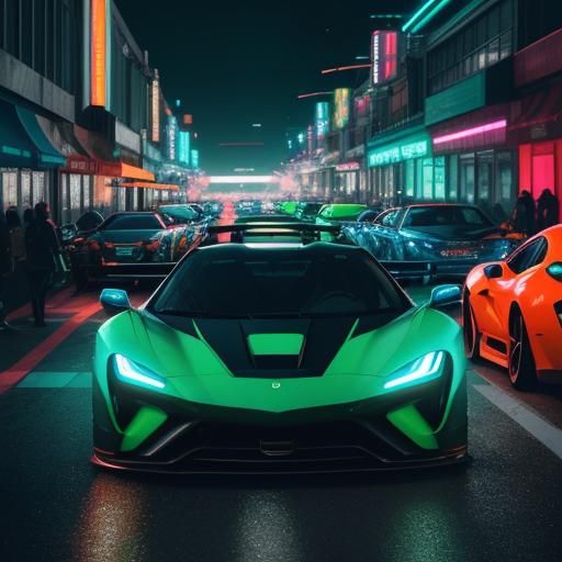 Neon Cityscape Supercars in Hyperrealistic Concept Art