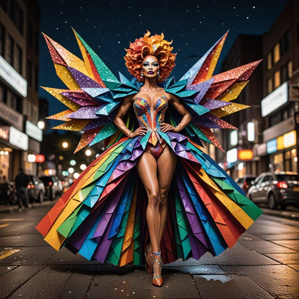Origami Drag Queen Vigilante Under City Streetlight