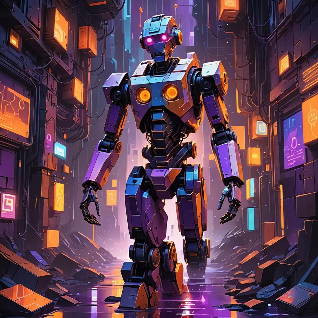Cubist Robot in Neon Dreamscape