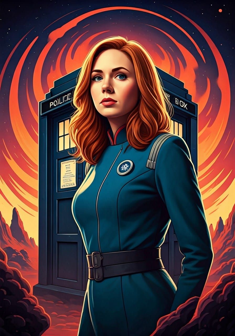 Retro-Futuristic Amy Pond as Space Cadet in Front of TARDIS
