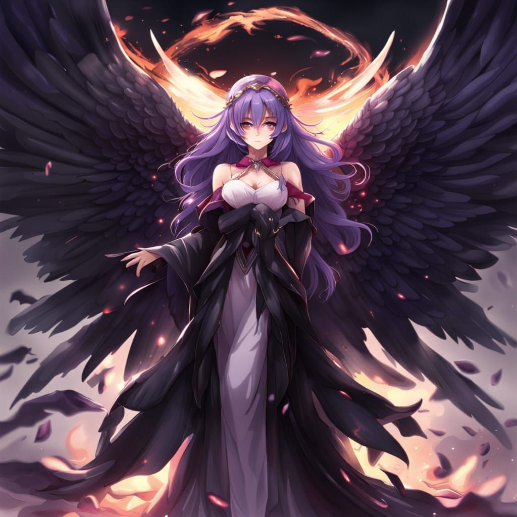 Fallen Angel Queen with Violet Halo in Anime Style