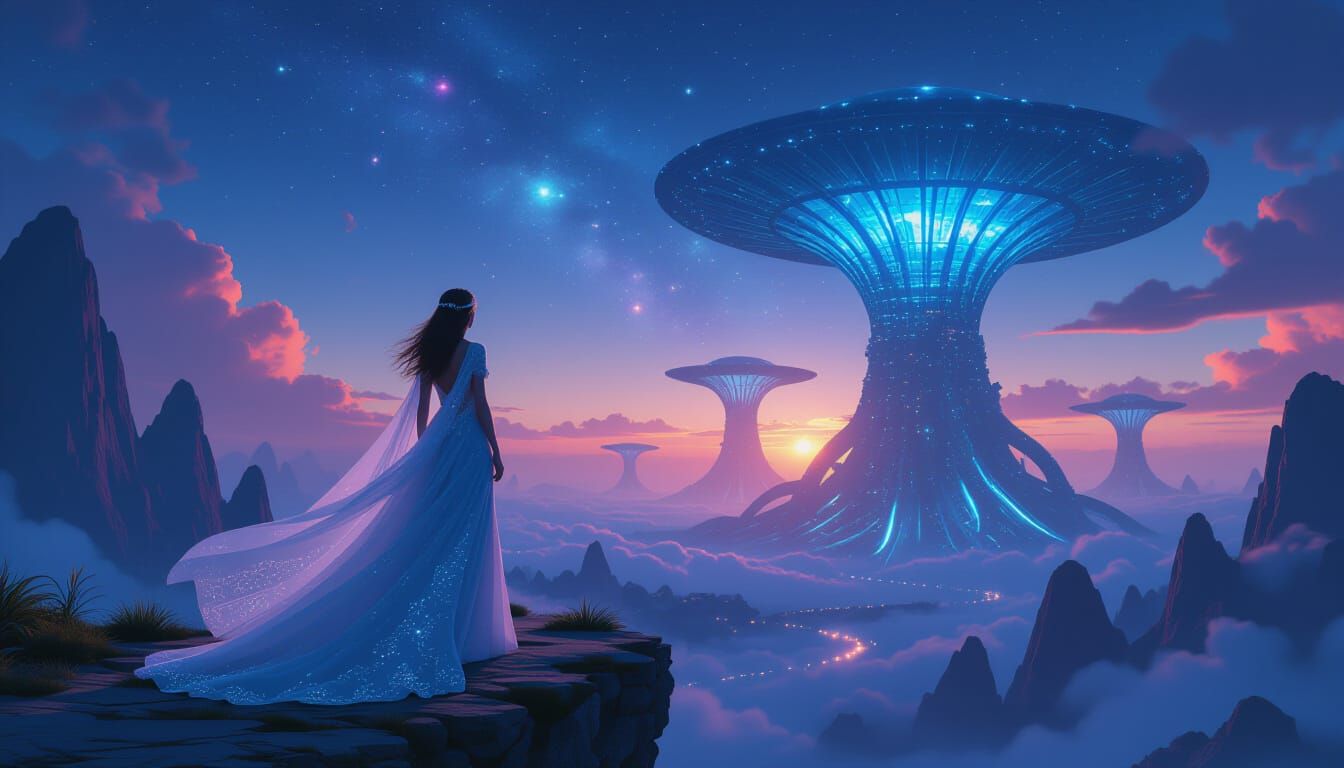 Ethereal Elf Gazing at Bioluminescent Alien Flora