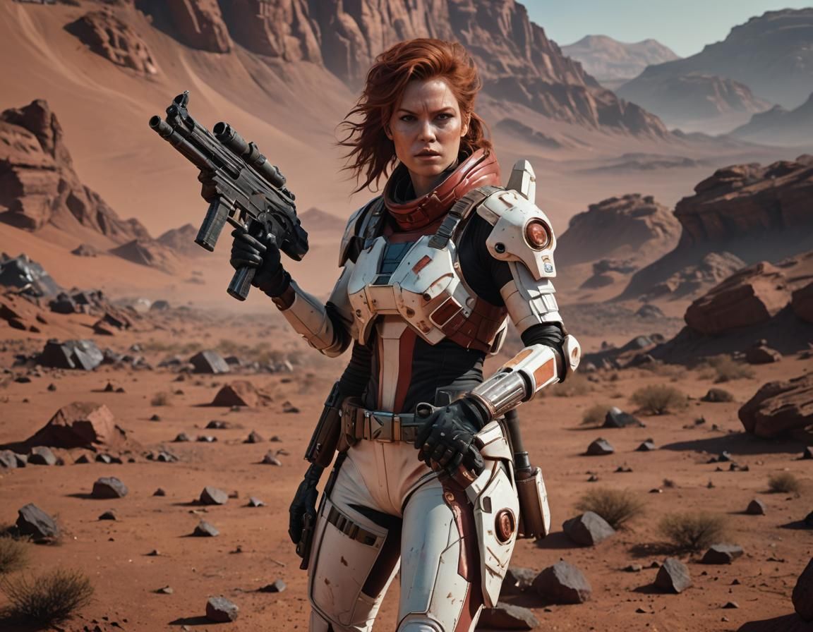 Sally Knyvette on a Desolate Planet in Photorealistic Style