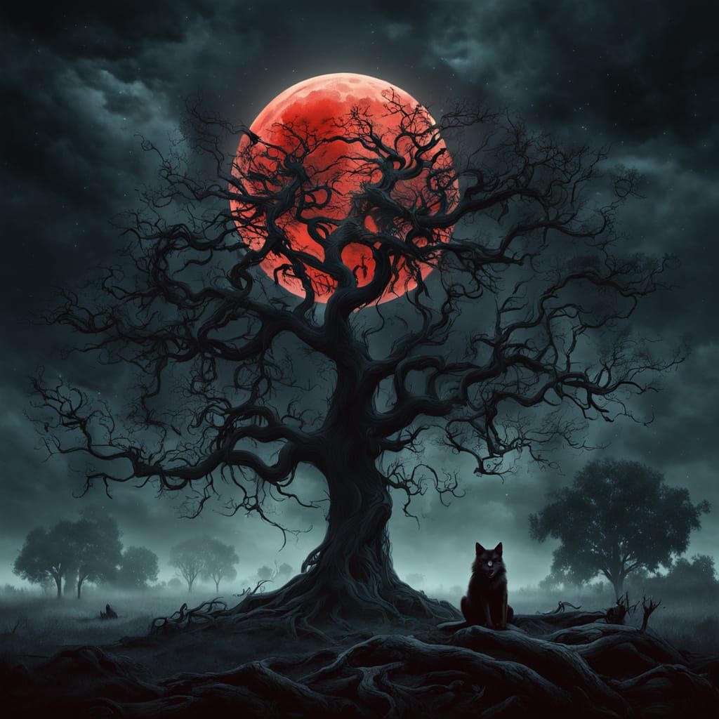 Gothic Horror Blood Moon Over Foggy Summer Landscape