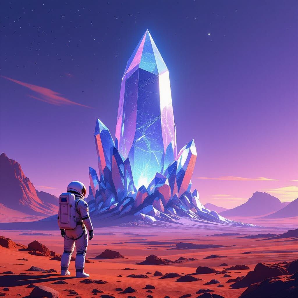 Astronaut on Alien Planet Gazes at Colossal Crystal