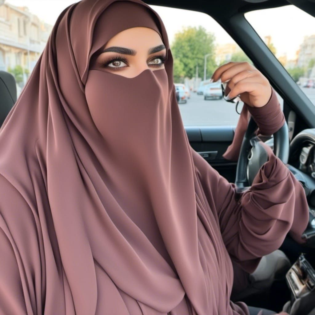 Young Woman in Niqab Driving Car: Hyperrealism