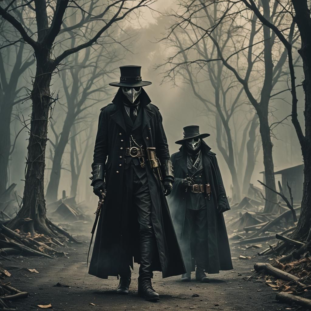 Steampunk Plague Doctor in Black Mist: Cinematic Still