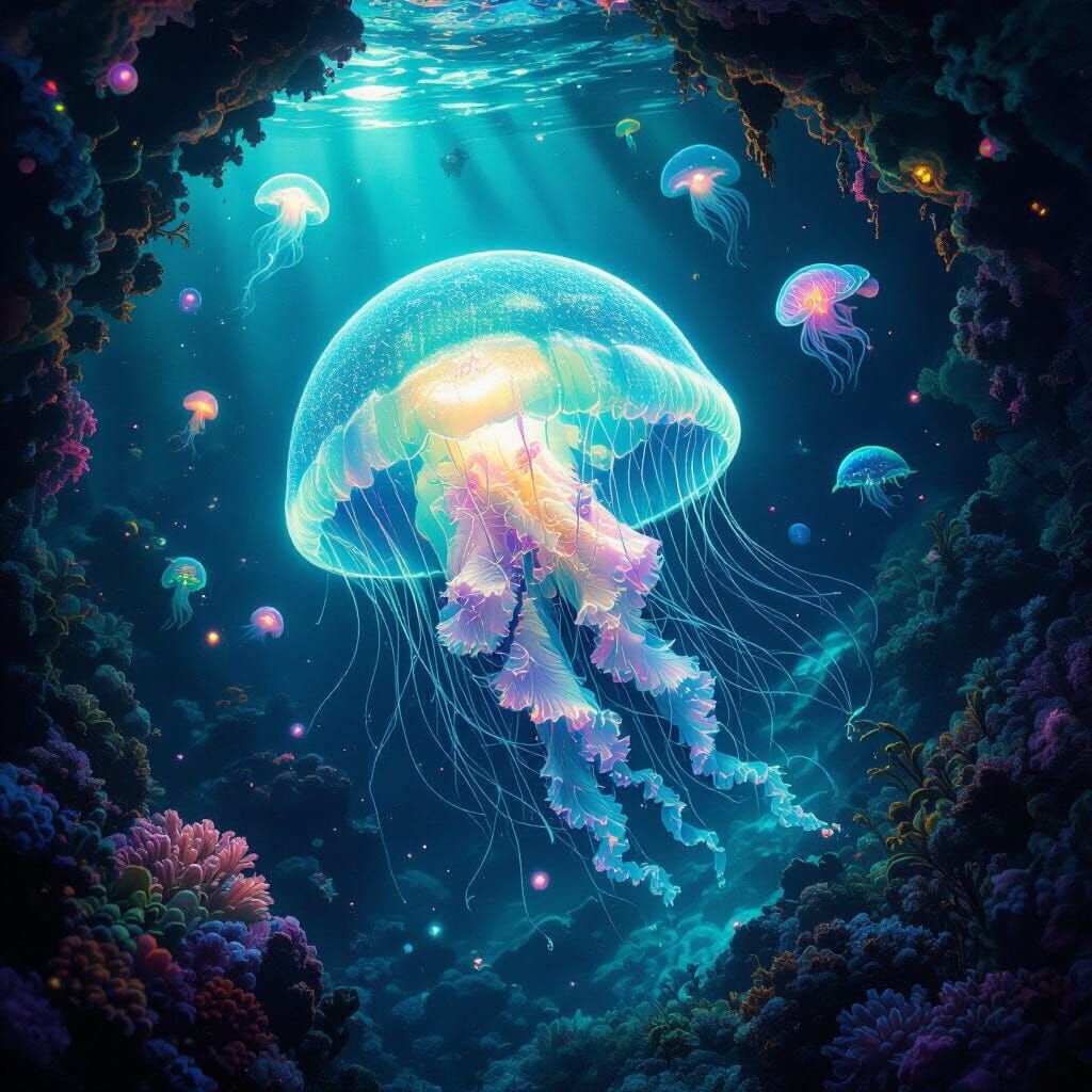 Bioluminescent Jellyfish in a Surreal Alien Coral Reef