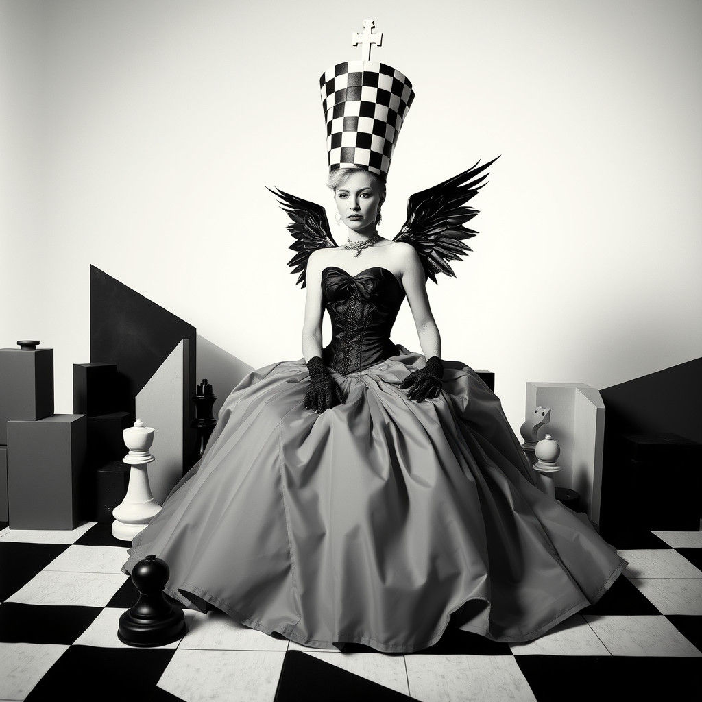 Androgynous Queen on Chessboard in Dada Surrealist Style