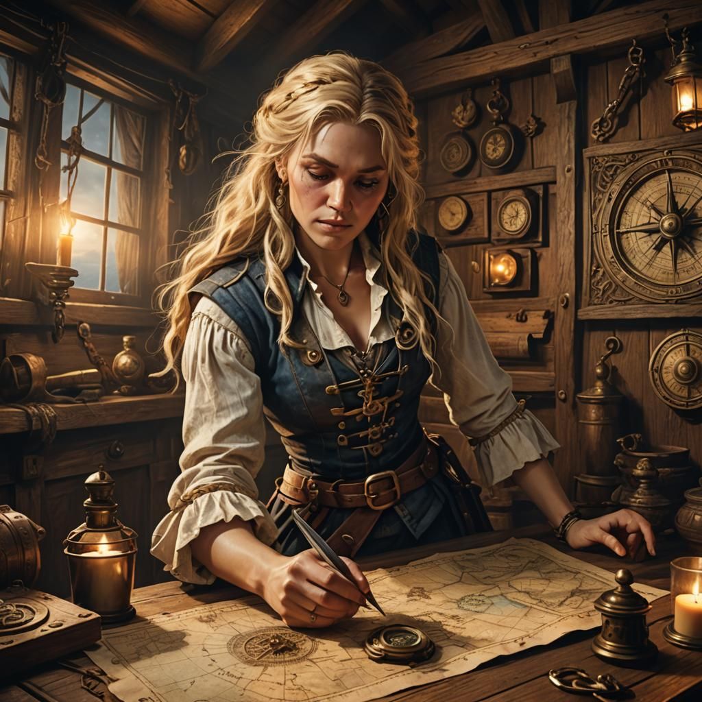 Medieval Blond Pirate Navigating in Golden Light