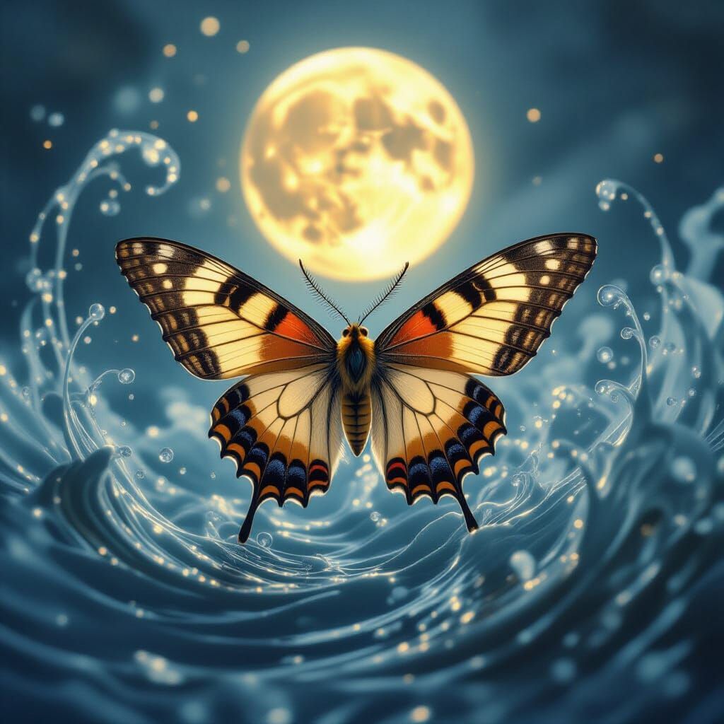 Rare Moth Backlit by Moon in Atmospheric Painting