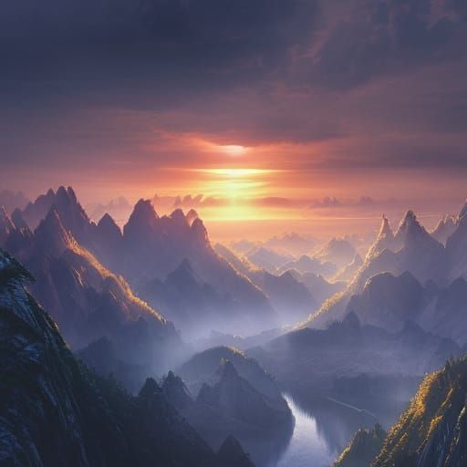 Stunning Sunrise Over Mountains: Digital Matte Painting