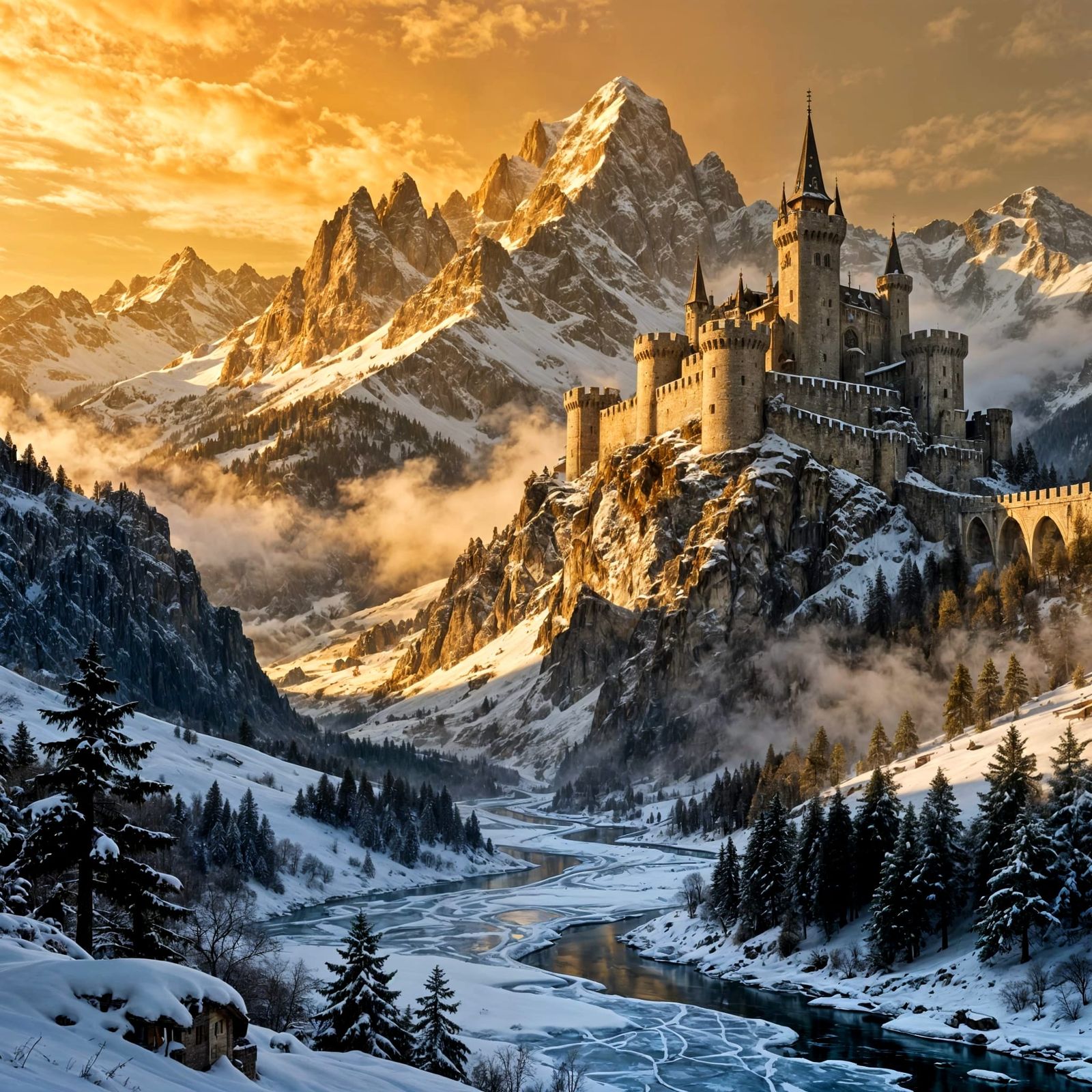 Medieval Swiss Alps Castle on Mountain Ridge