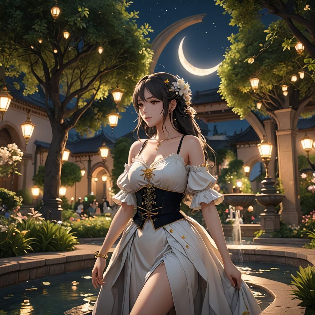 Anime Model Dancing in Andaluz Garden at Night