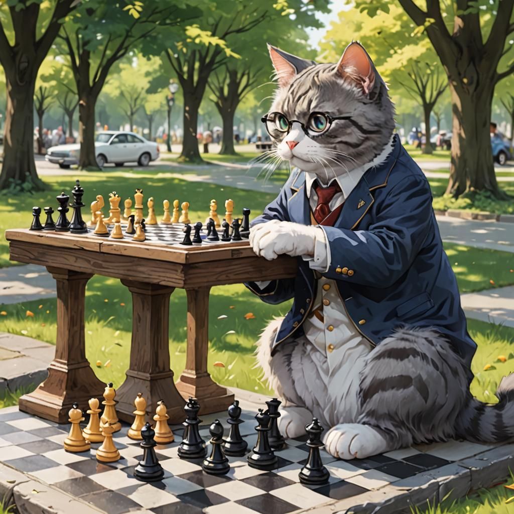 Nerdy Cat Plays Chess in Anime Style