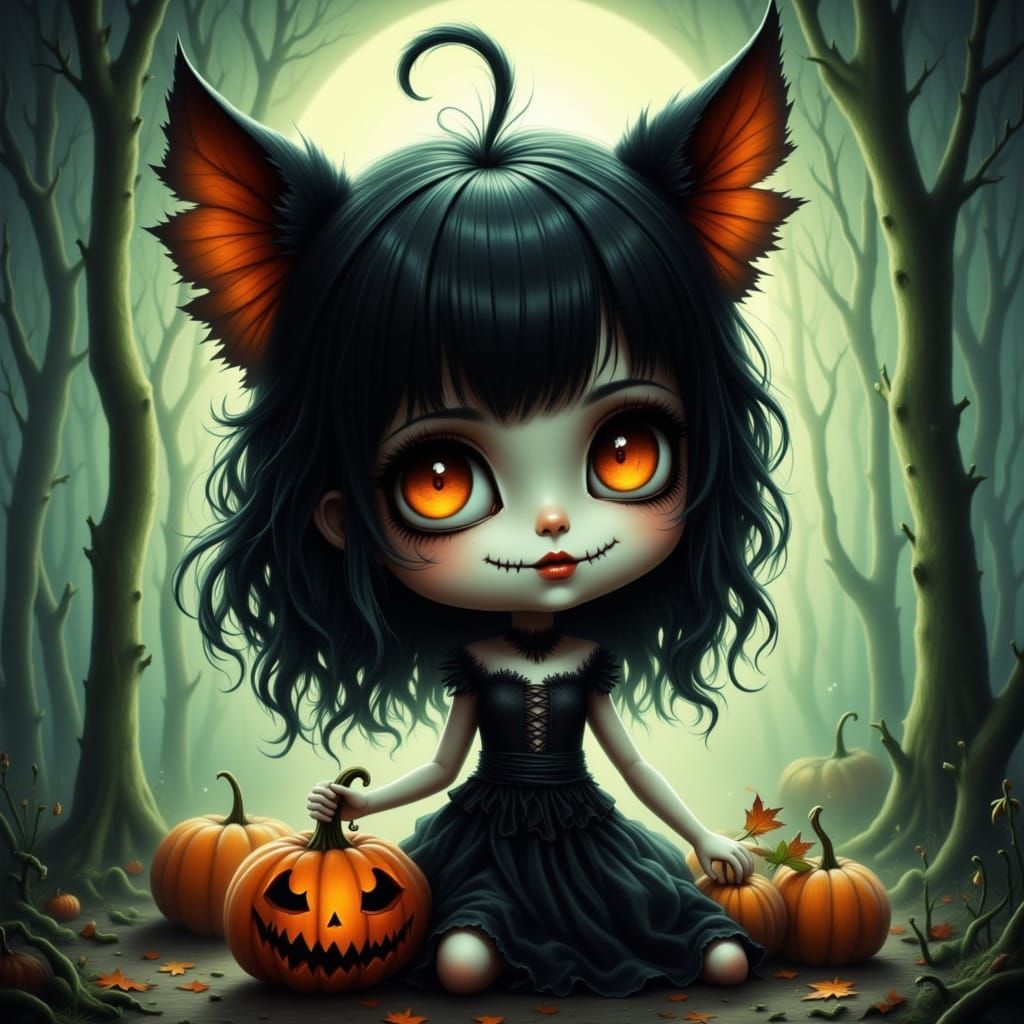 Spooky Chibi Girl with Pumpkin and Black Cat