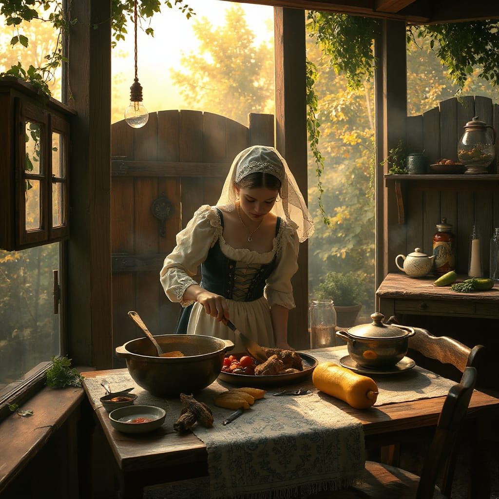 Ethereal Medieval Maid Cooking in Fantasy Kitchen